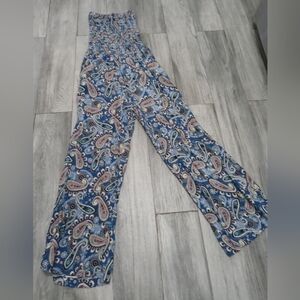 Peachy Girl Paisley Sleeveless Smocked Jumpsuit W Pockets Ties at neck